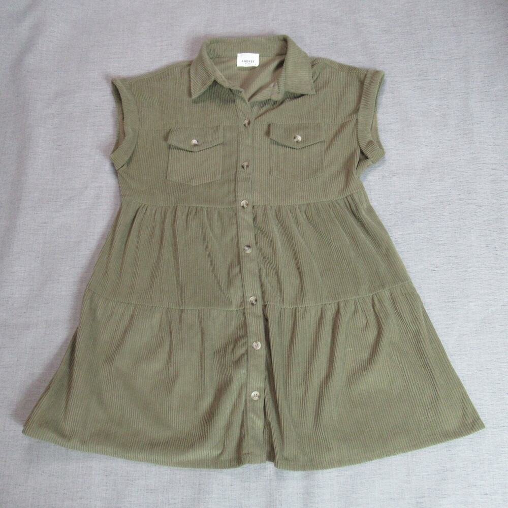 Andree by Unit Dress Womens Large Taupe Corduroy Short Sleeve Button Up Shift